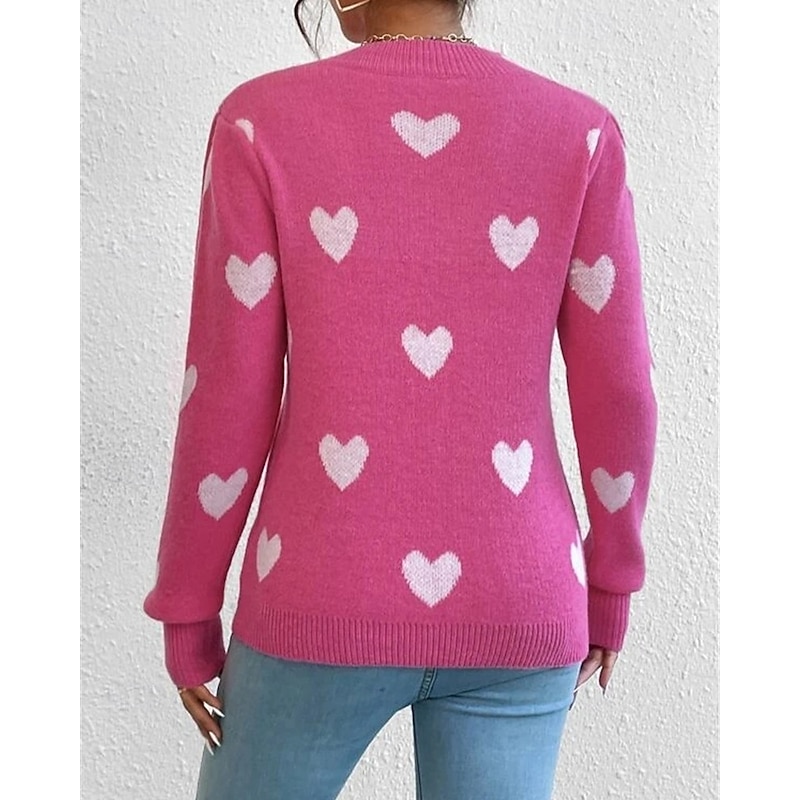 Women's Sweater Pullover Fashion Casual Heart Ribbed Crew Neck Knitted Long Sleeve Regular Tops Knit Outdoor Daily Weekend Pink Fall Winter3