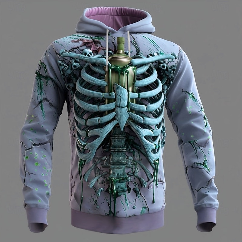 Halloween Men's 3D Skeleton Hoodie Sweatshirt Punk Exaggerated Crew Neck Club Streetwear Red Blue Drawstring Fall Winter Designer3