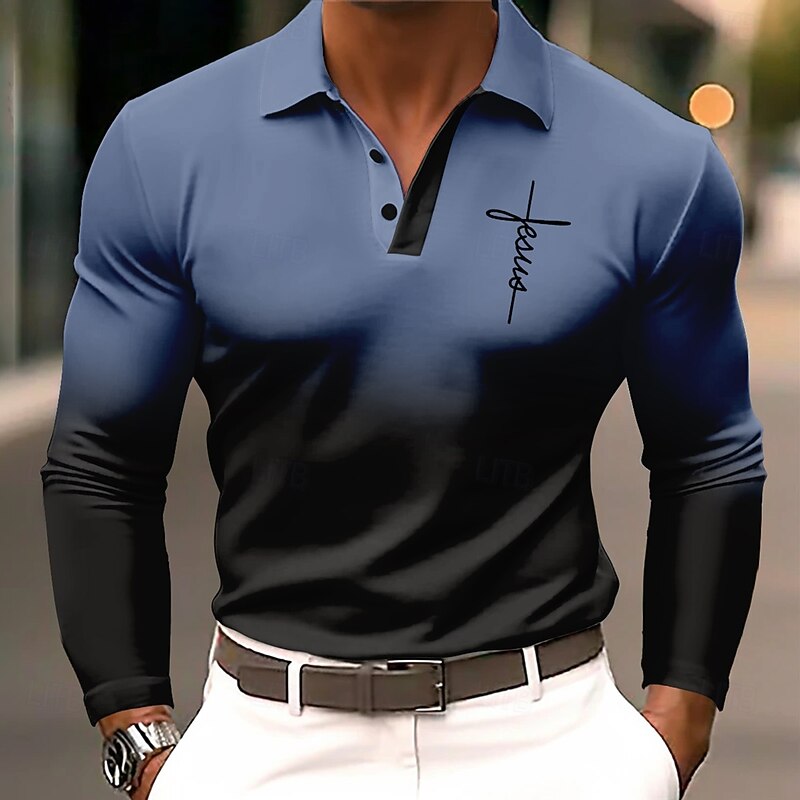Men's Ombre Polo Long Sleeve Polo Shirts Lapel Vintage Casual Athleisure Daily Wear 3D Print Buttons Spring Fall Winter Blue Orange Gray2