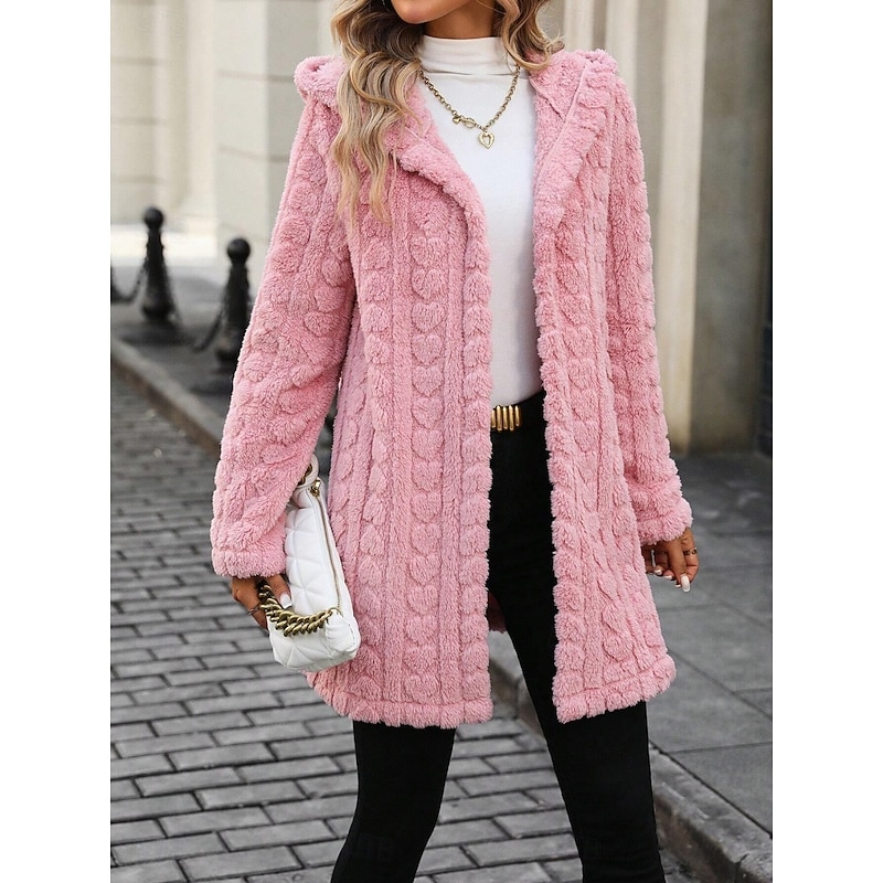 Women's Winter Coat Fleece Jacket Comfortable Breathable Open Front Casual Plain Vacation Street Casual Daily Wear Single Breasted Long Hooded Regular Fit Long Sleeve Outerwear Pink Spring Fall
