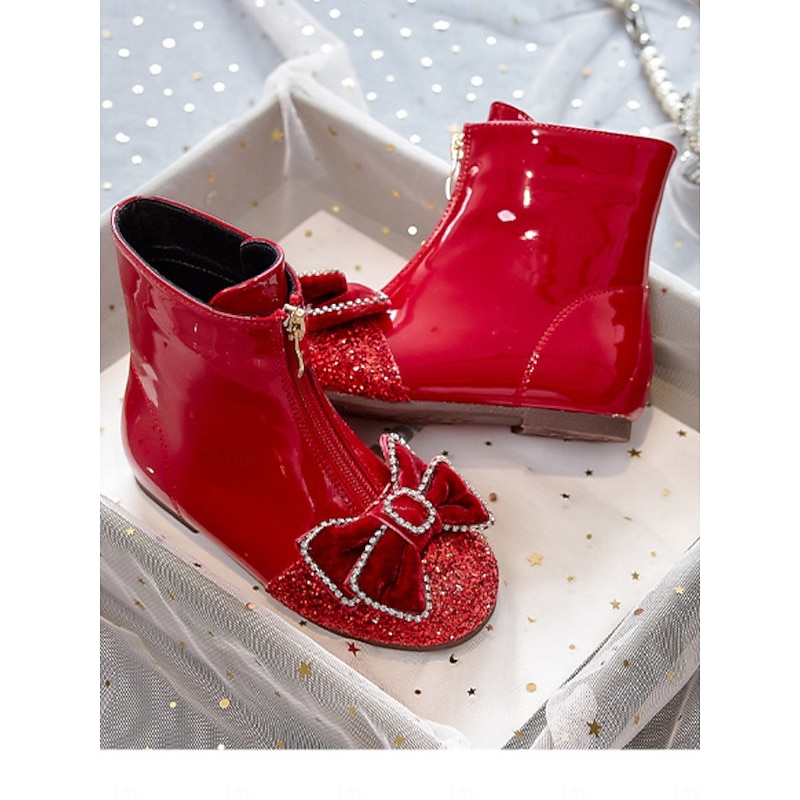 Girl's Red Glitter Bow Boots - Shiny Patent Leather Ankle Boots with Rhinestone Detailing for Parties and Dress-Up2