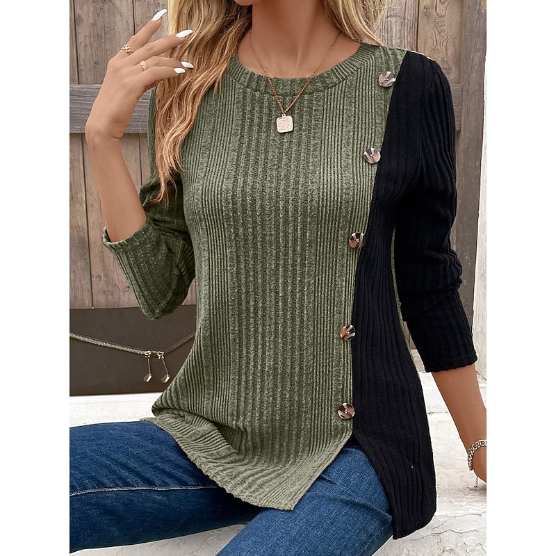 Women's Blouse Color Block Stylish Casual Long Sleeve Crew Neck Regular Tops Daily Ruched Buttons Light Green Wine Army Green Brown Khaki Spring Fall Winter3