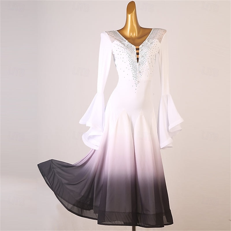 Women's Blue Ombre Ballroom Dance Dress with Rhinestone Detail, Bell Sleeves, and Flared Skirt – Ideal for Latin, Tango, and Performance Wear4