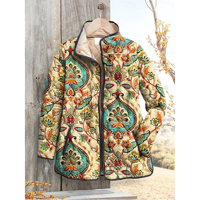 Women's Winter Jacket Puffer Jacket Warm Comfortable Pocket Buttons Print Vintage Boho Vintage Geometric Vacation Casual Daily Single Breasted Regular Stand Collar Regular Fit Long Sleeve Outerwear2