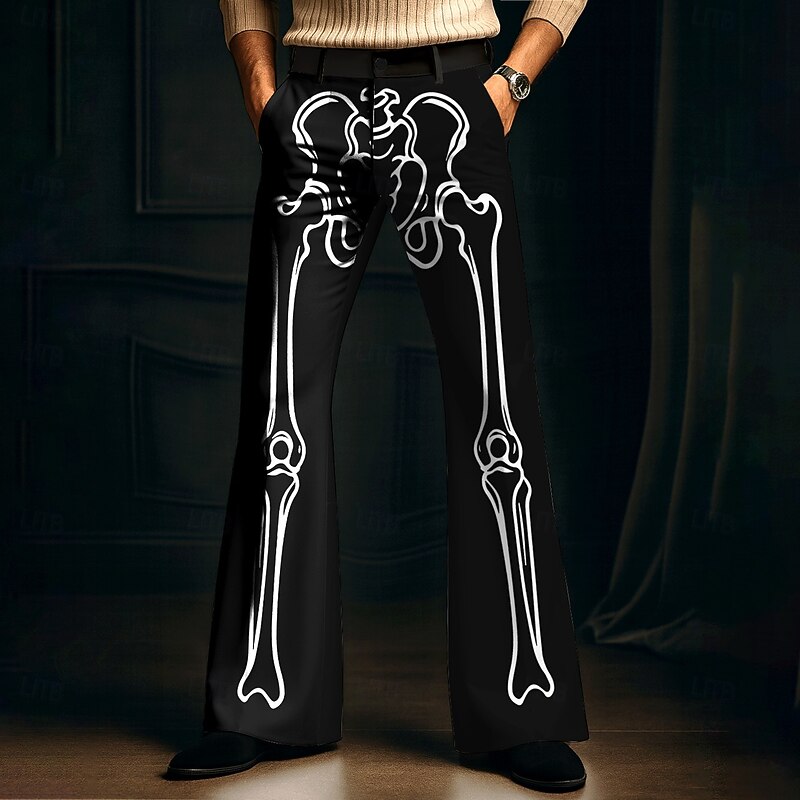 Men's Optical Illusion Skeleton Disco Pants 60s 70s Bell Bottoms Mid Waist Dark Gothic Style Outdoor Holiday Side Pockets Flared Leg Pants Trousers Spring Fall 3D Print Black White4