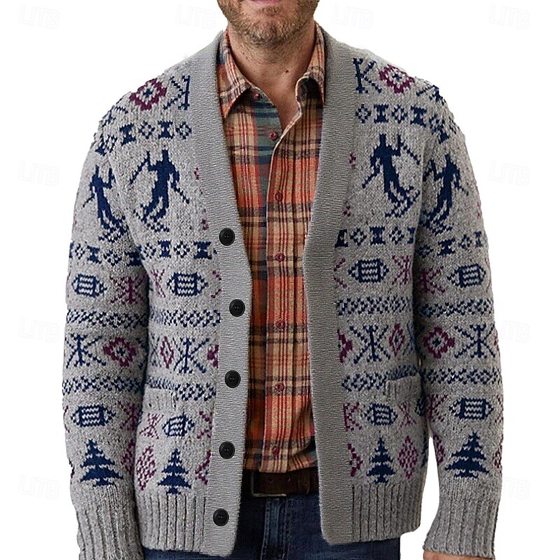 Christmas Men's Fair isle Sweater Cardigan Sweater V Neck Casual School Vacation Daily 3D Print Knitting Keep Warm Long Sleeve Spring Fall Winter Grey2