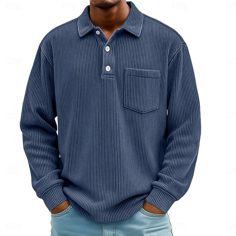 Men's Corduroy Shirt Polo Shirts Casual Sports Lapel Long Sleeve Fashion Basic Color Block Patchwork Buttons Fall Spring &  Fall Regular Fit Black Green Light Blue Navy Blue Khaki Corduroy Shirt