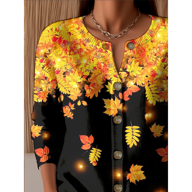 Women's Cardigan Fashion Daily Casual Floral Graphic Ribbed Crew Neck V Neck Buttons Print Long Sleeve Regular Tops Knit Outdoor Daily Date Yellow Spring Fall2
