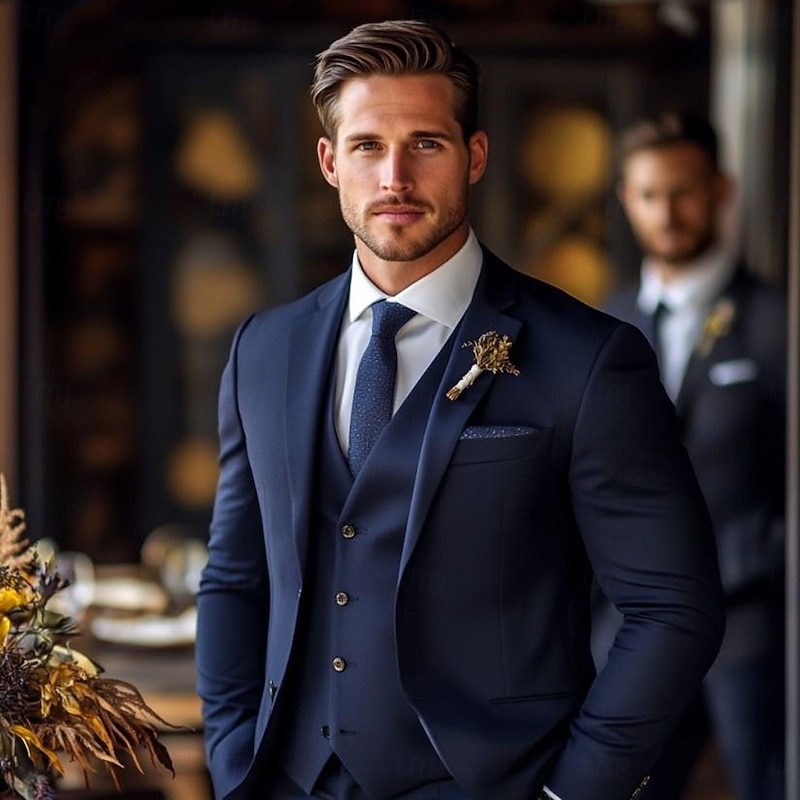 Men's Wedding Wedding Suits Notch Lapel Navy Blue Formal Solid Colored Standard Fit 3 Piece
