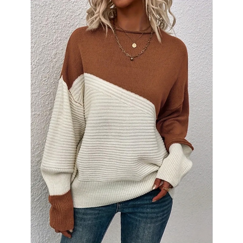 Women's Sweater Casual Soft Pure Color Ribbed Crew Neck Patchwork Knitted Long Sleeve Regular Tops Knit Outdoor Daily Weekend Navy Blue Brown Fall Winter3