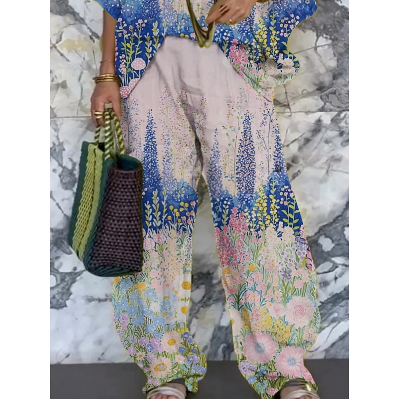 Women's Vacation Fashion Pants Sets 3/4 Length Sleeve V Neck Floral Print Vacation Daily Holiday Pink Summer Regular Fit3