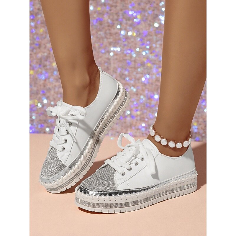 Women's Orange Rhinestone Sneakers - Glitter Lace-Up Casual Party Shoes with Chunky Sole for Nightlife and Club Outfits4