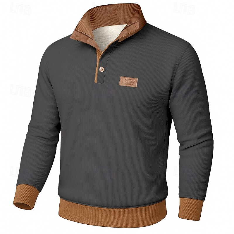 Men's Sweatshirt Corduroy Fleece Sweatshirt Pullover Button Up Hoodie Apricot Black Army Green Navy Blue Blue Standing Collar Plain Patchwork Color Block Textured Sports & Outdoor Casual Daily3