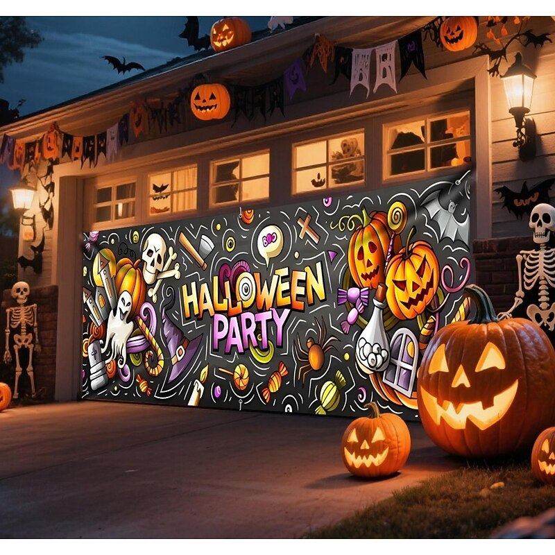 Halloween Garage Door Cover Haunted Castle Pumpkin Man Bare Trees HALLOWEEN HAUNT Banner Large Outdoor Backdrop with Grommets Yard Front Porch Wall Decorations2