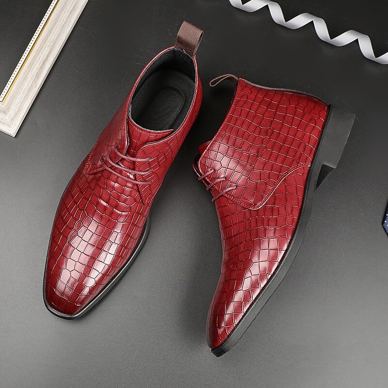 Men's Red Crocodile Pattern Faux Leather Ankle Boots – Fashion Lace-Up Dress Shoes for Parties, Nightlife and Special Occasions3