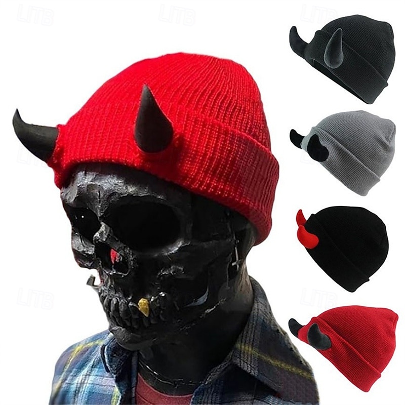 Men's Unisex Beanie Hat Winter Hats Beanies Skull Cap Knit Hat Black Red Polyester Knitted Cozy Daily Wear Going out Devil Warm
