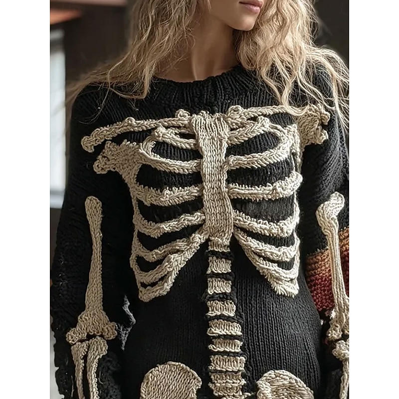 Halloween Women's Sweater Skeleton  Cute Streetwear Casual Graphic Skeleton Crew Neck Patchwork Knitted Long Sleeve Regular Tops KnitBlack Fall Winter2