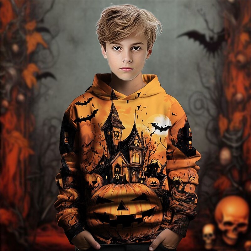 Halloween Boys' 3D Pumpkin Hoodie Long Sleeve Spring Fall Fashion Streetwear Kids 4-12 Years Hooded Outdoor Casual Daily Regular Fit3