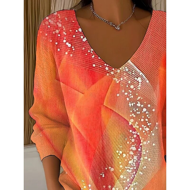 Women's Sweater Casual Soft Graphic Geometric Abstract Ribbed V Neck Knitted Print Long Sleeve Regular Tops Knit Outdoor Daily Weekend Orange Fall Winter2