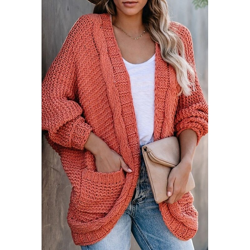 Women's Sweater Cardigan Elegant Fashion Streetwear Pure Color Open Front Pocket Knitted Long Sleeve Regular Tops Knit Outdoor Daily Weekend Black Red Fall Winter