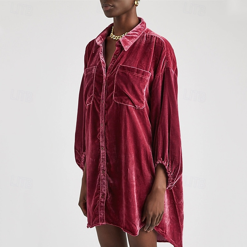 Women's Shirt Blouse Plain Modern Casual Long Sleeve Shirt Collar Regular Tops Daily Holiday Pocket Buttons Wine Purple Brown Fall2