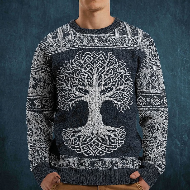 Men's Viking Tree Of Life Pullover Sweater Jumper Knitwear Crewneck Retro Vintage Casual Vacation Daily 3D Print Knitting Keep Warm Long Sleeve Spring Fall Winter Black Brown Green