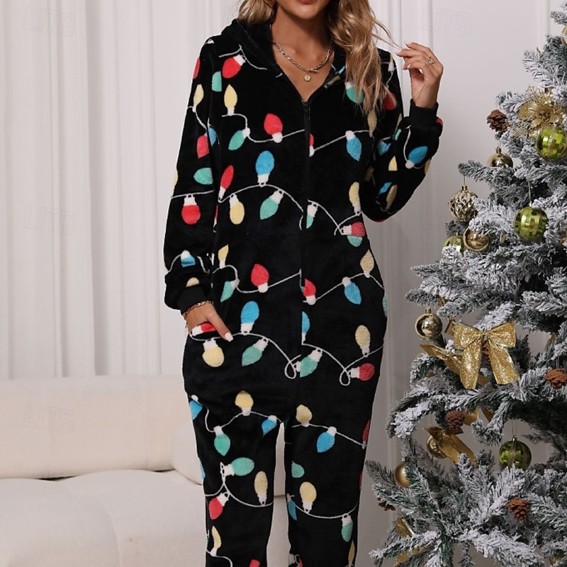Women's Normal Jumpsuit Streetwear Floral Long Sleeve Hooded Zipper Pocket Christmas Vacation Regular Fit Black Fall