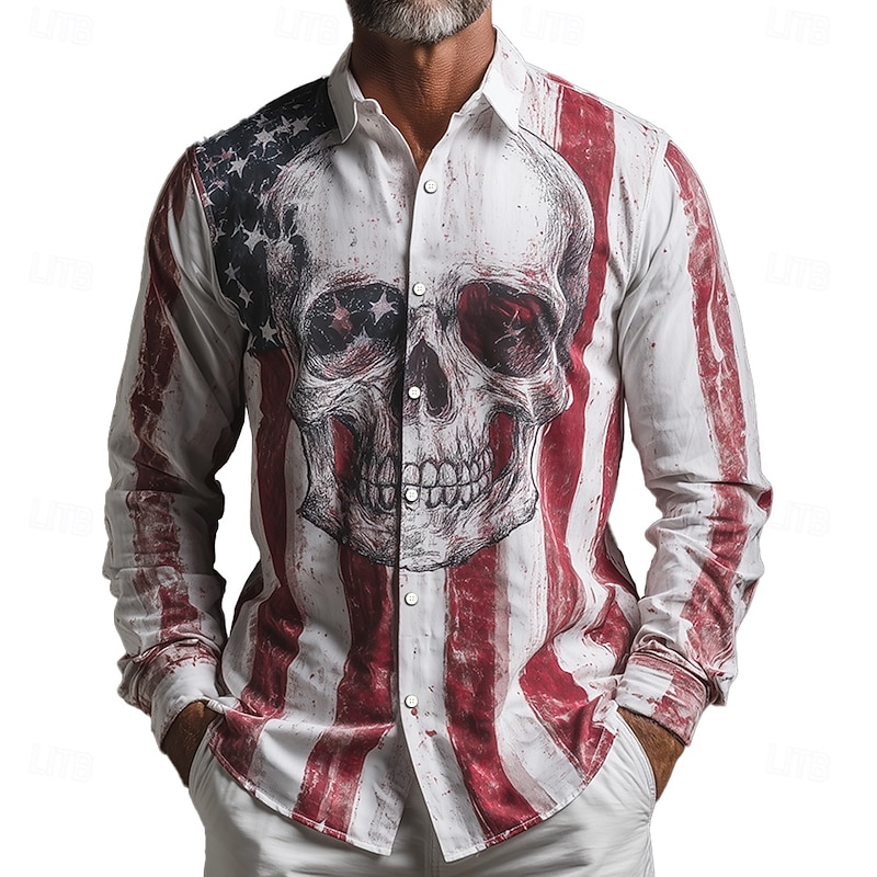 Halloween Men's Skull American US Flag Shirt Button Up Shirt Long Sleeve Vintage Retro Outdoor Casual Holiday Spring Fall Turndown 3D Print Collared Shirts White 1 White2