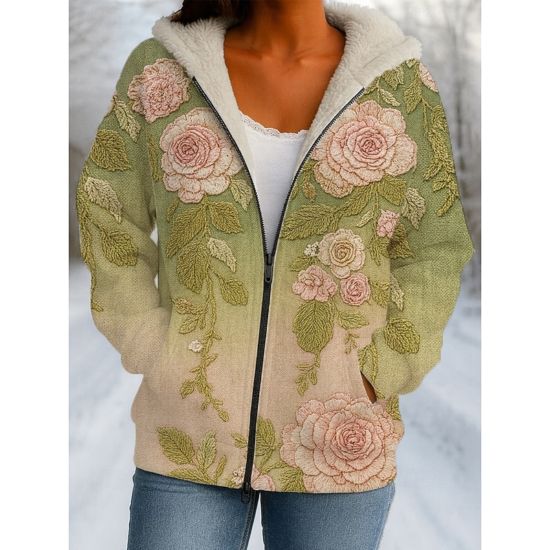 Women's Winter Coat Winter Jacket Windproof Warm Zipper Pocket Fleece Lined Casual Floral Casual Athleisure Daily Daily Wear Regular Hooded Regular Fit Long Sleeve Outerwear Pink Blue Green Winter