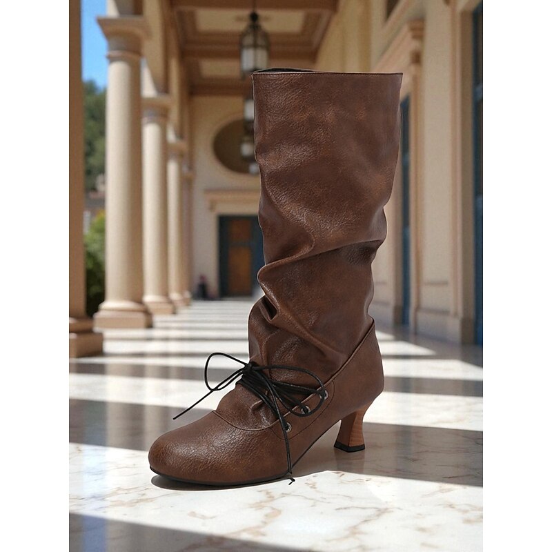 Women's Edwardian 1900s Vintage Mid-Calf Boots with Kitten Heel - Brown Faux Leather Lace-Up Slouchy Boots for Autumn Fashion, Cosplay & Historical Events3