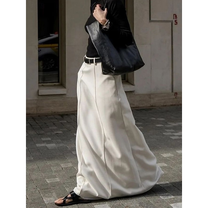 Women's Skirt A Line Elegant Fashion Casual Maxi High Waist Skirts Plain Pocket Inelastic Street Daily White Spring Polyester2