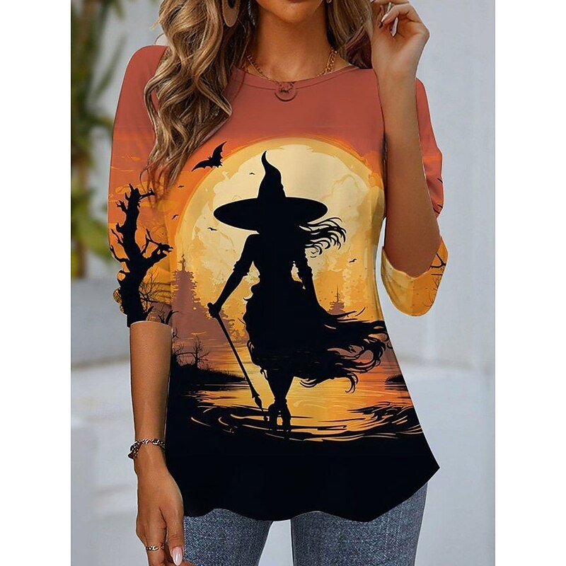 Halloween Women's T shirt Pumpkin Graphic Ghost Vintage Fashion Stylish Long Sleeve Crew Neck Regular Tops Daily Weekend Print White Yellow Orange Spring Fall3