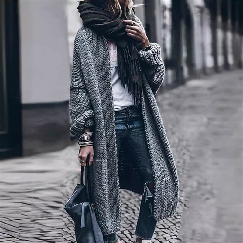 Women's Sweater Cardigan Fashion Streetwear Daily Solid Color Ribbed Open Front Knitted Long Sleeve Long Tops Knit Holiday Going out Weekend Gray Fall Winter