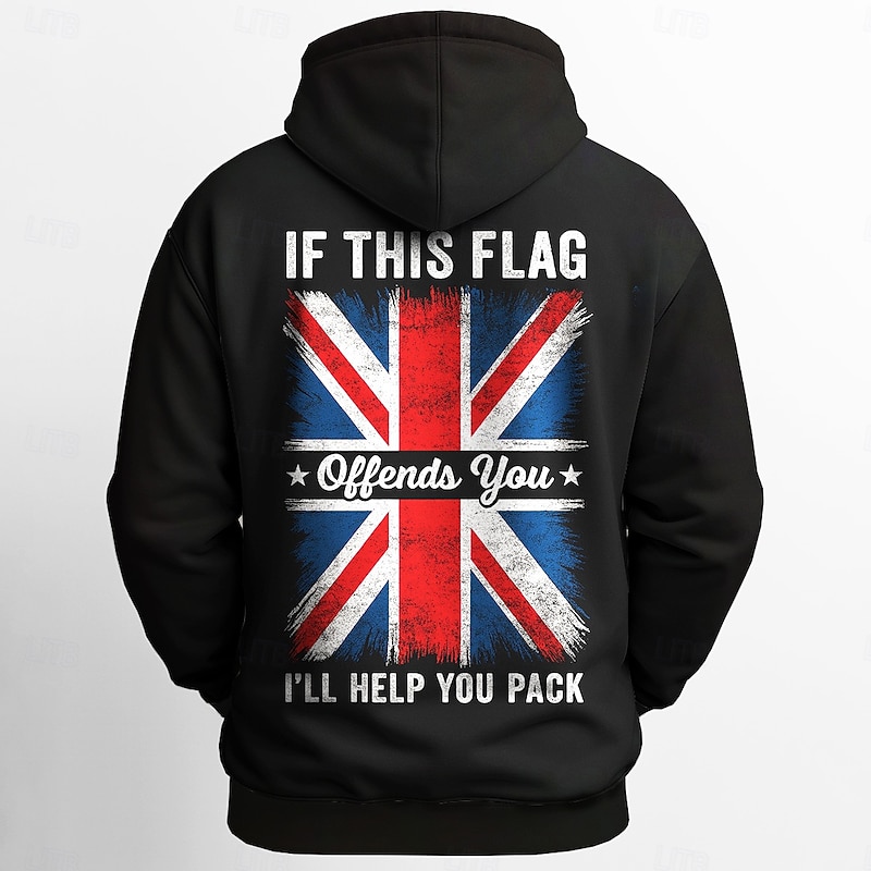 Men's Flag UK Hoodie Sweatshirt Sports Fashion Crew Neck Outdoor Office Streetwear Black Red Drawstring 3D Fall Winter Designer