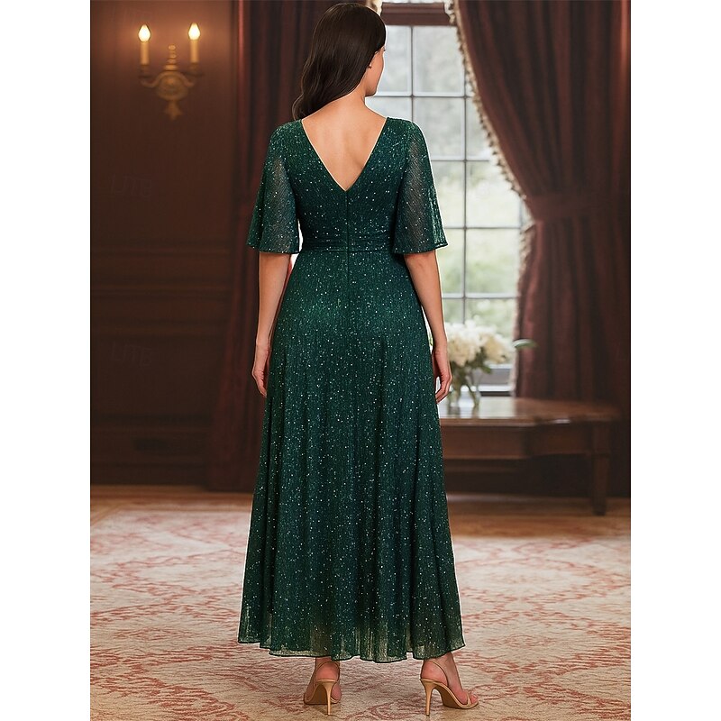 A-Line Mother of the Bride Dress Plus Size Sparkle & Shine V Neck Ankle Length Polyester Half Sleeve with Solid Color2