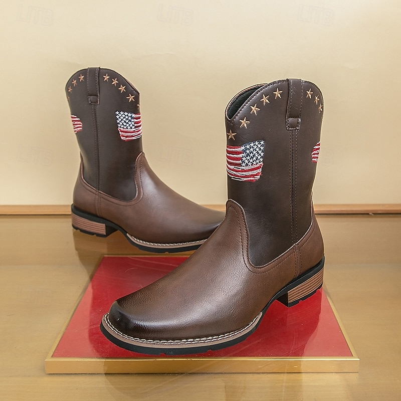 Men's Western Cowboy Boots with American Flag Embroidery, Square Toe Design, Durable Outsole, Patriotic Rodeo Style Footwear for Ranch, Country Music Festivals, Horse Riding and Outdoor Wear3