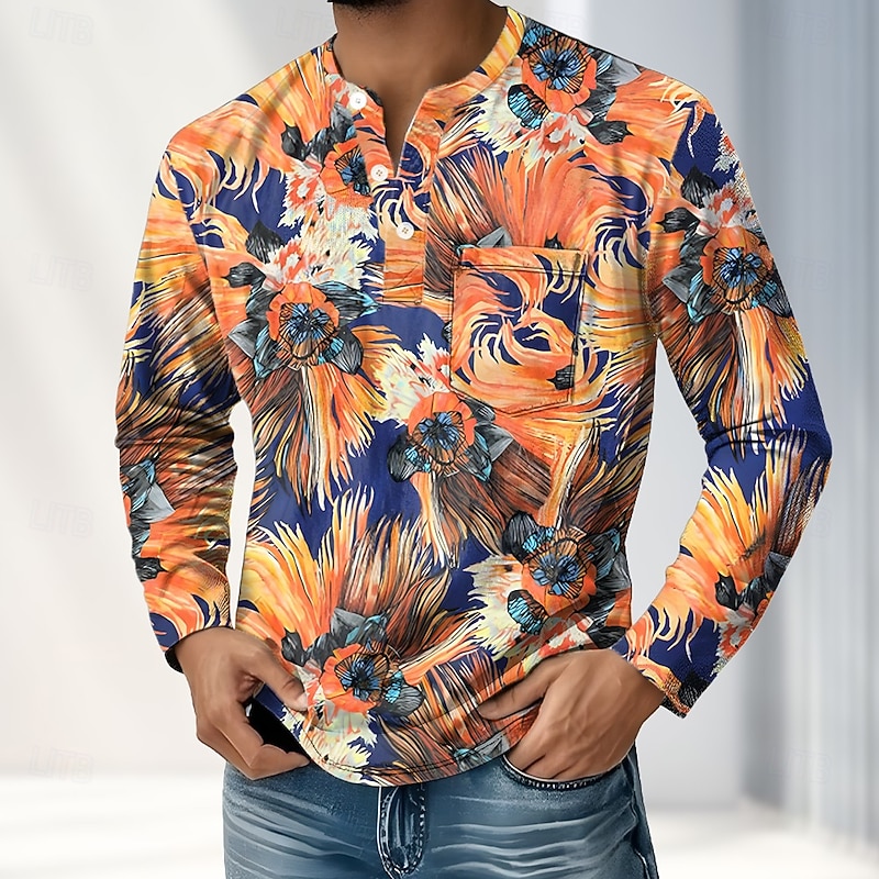 Men's Floral Print Henley Shirt T shirt Tee Long Sleeve Retro Vintage Casual Casual Spring Fall Blue Yellow Orange Henley Henley T-Shirt