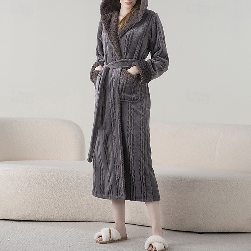 Women's Pajamas Robe Fashion Pure Color Pocket Vacation Home Bed Long Sleeve V Neck Navy Blue Purple Brown Beige Gray Fall Winter Tailored Fit4
