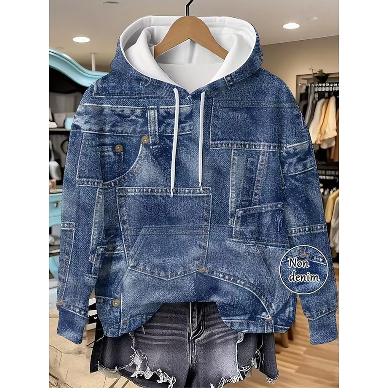 Women's Pullover Hoodie Sweatshirt Graphic Geometric Punk Active Vintage Long Sleeve Hooded Regular Tops Street Dailywear Print Front Pocket Denim Blue Red Spring Fall Winter