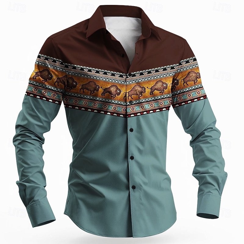 Men's Bull Ethnic Indian Culture Shirt Button Up Shirt Long Sleeve Vintage Retro Tribal Outdoor Camping & Hiking Hunting Spring Fall Turndown 3D Print Collared Shirts Blue Brown Khaki3