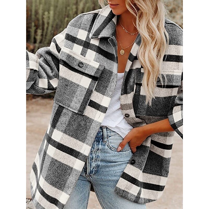 Women's Winter Jacket Casual Jacket Comfortable Breathable Pocket Buttons Print Casual Plaid Vacation Street Casual Daily Wear Single Breasted Regular Turndown Regular Fit Long Sleeve Outerwear Black2