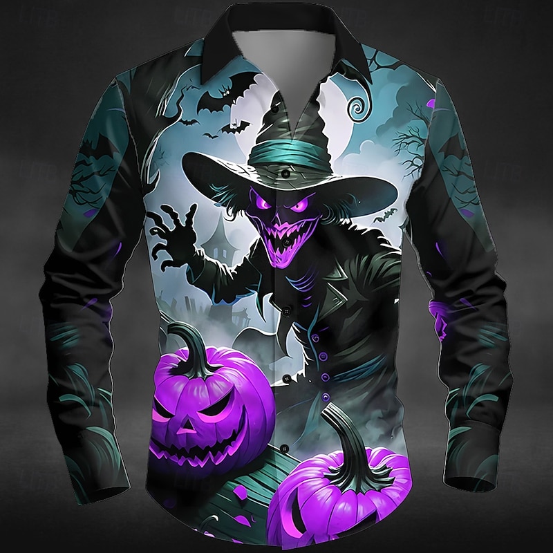 Halloween Men's Pumpkin Witch Jack-o'-lantern Shirt Button Up Shirt Long Sleeve Dark Gothic Style Holiday Streetwear Spring Fall Turndown 3D Print Collared Shirts Blue Purple2