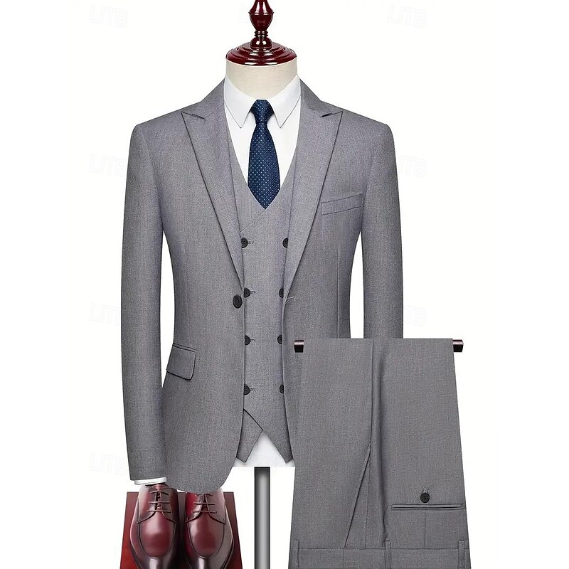 Men's Wedding Casual Business Suits Notch Lapel Black Light Grey Daily Formal Solid Colored Slim Fit 3 Piece Single Breasted One-button2