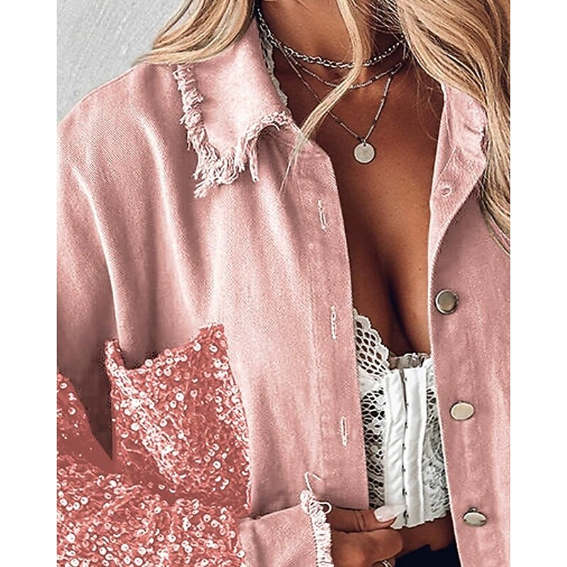 Women's Casual Jacket Comfortable Breathable Pocket Buttons Casual Color Block Vacation Street Casual Daily Wear Single Breasted Short Turndown Loose Fit Long Sleeve Outerwear Pink Spring Fall2