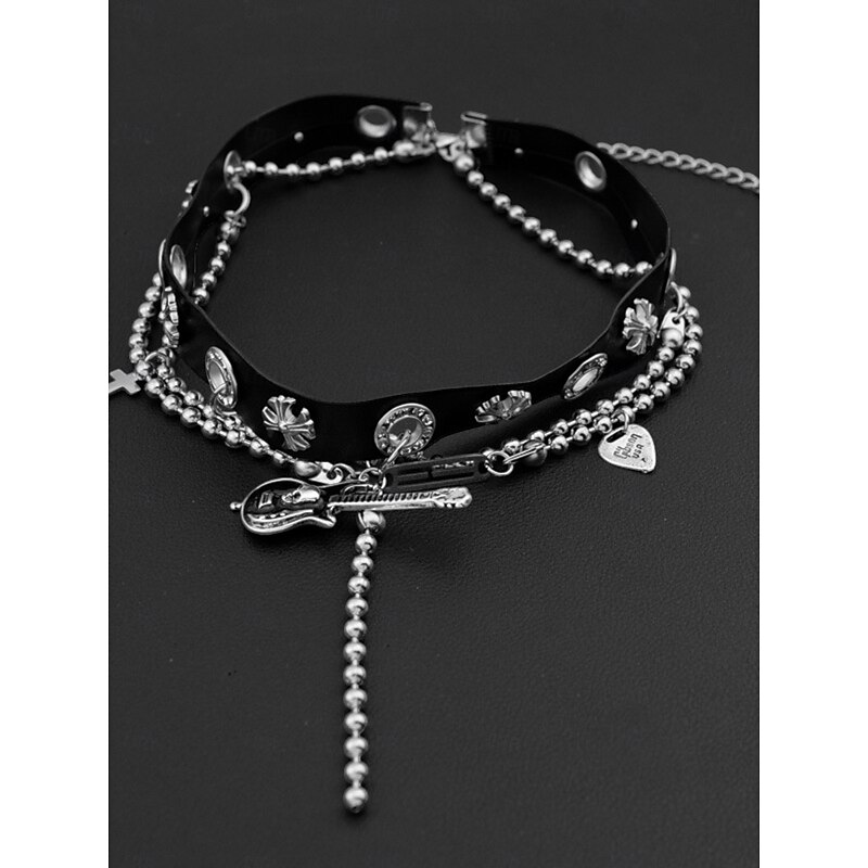 Women's Gothic Choker Necklace with Guitar and Cross Charms - Punk Rock Style Multi-Layered Necklace for Halloween Party Fashion4