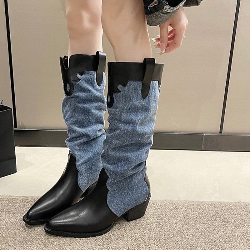 Women's Boots Combat Boots Office Daily Mid Calf Boots Block Heel Pointed Toe Casual Comfort Walking Denim Loafer Blue Beige2