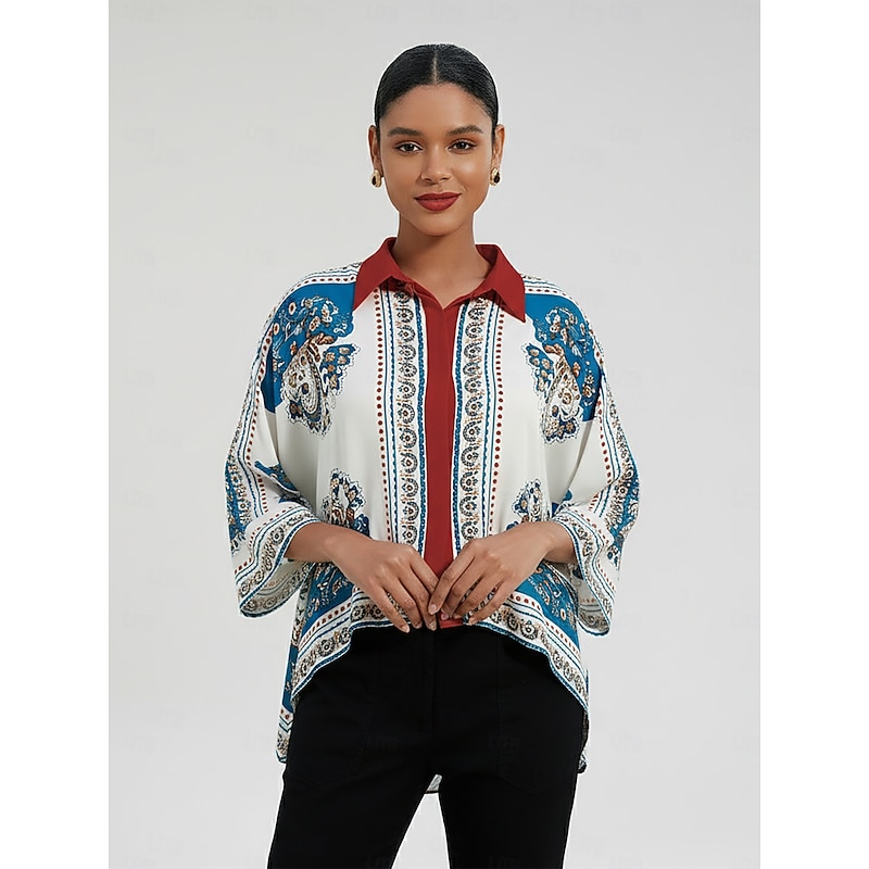 Women's Blouse Smooth Satin Bohemian Placement Print Dolman Sleeve Button Down Short Shirt