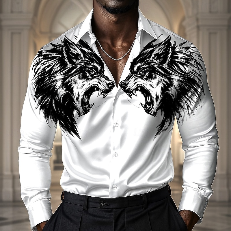 Men's Animal Wolf Shirt Satin Shirt Dress Shirt Long Sleeve Vintage Retro Vacation Dailywear Summer Spring Fall Turndown 3D Print Button Up Shirts Black White