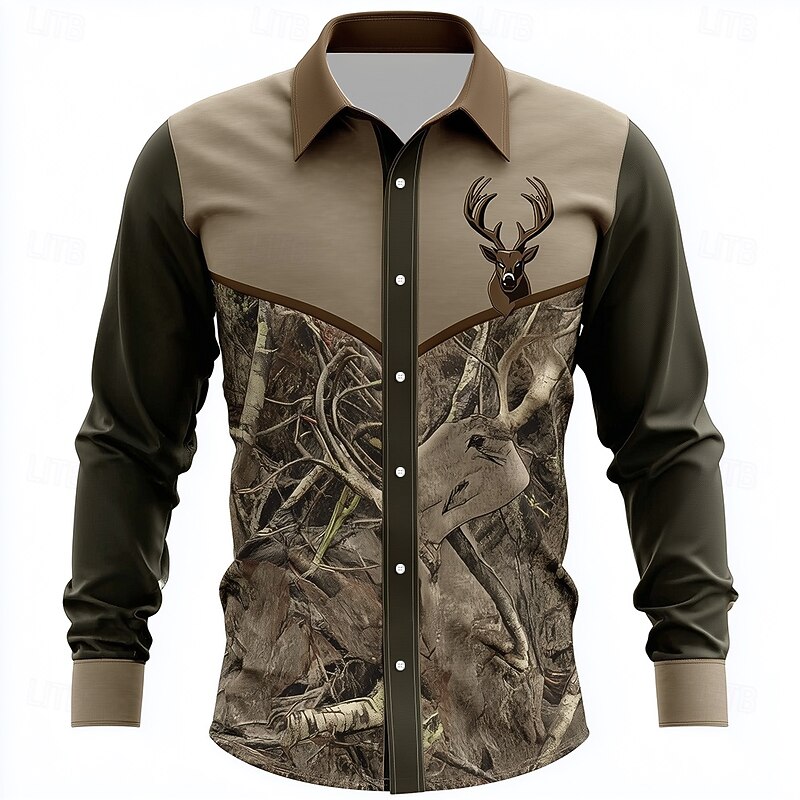 Men's Camo Reindeer Camouflage Shirt Button Up Shirt Long Sleeve Vintage Retro Outdoor Camping & Hiking Hunting Spring Fall Turndown 3D Print Linen Like Shirt Camouflage khaki Khaki