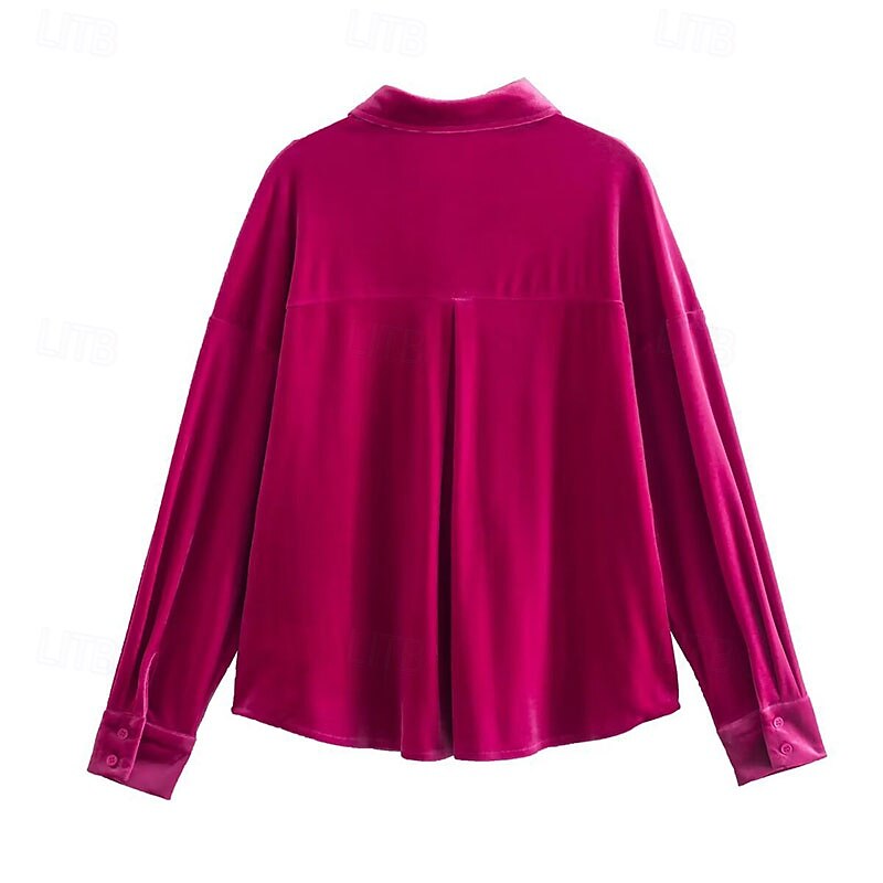 Women's Shirt Blouse Plain Stylish Long Sleeve Shirt Collar Regular Tops Daily Holiday Going out Ruched Pocket Buttons Purple Rose Pink Spring Fall4